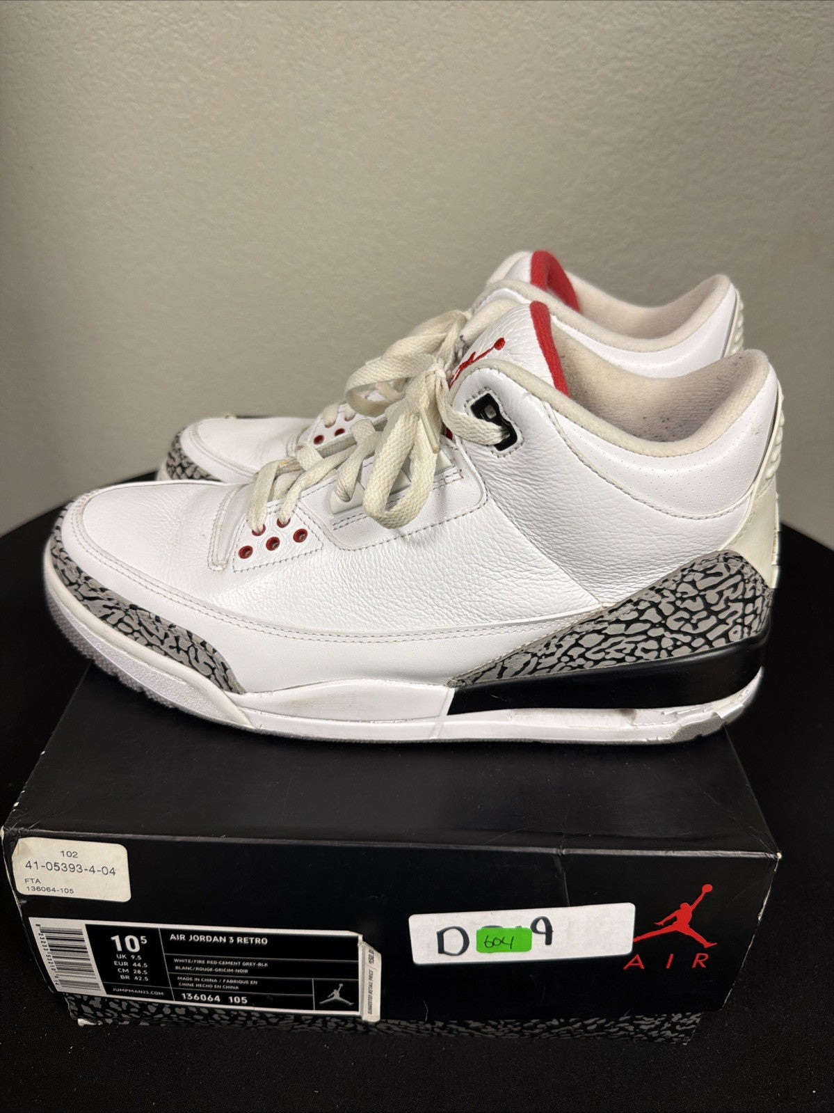 Size 10.5 Air Jordan 3 “White cement” Pre Owned (Excellent)