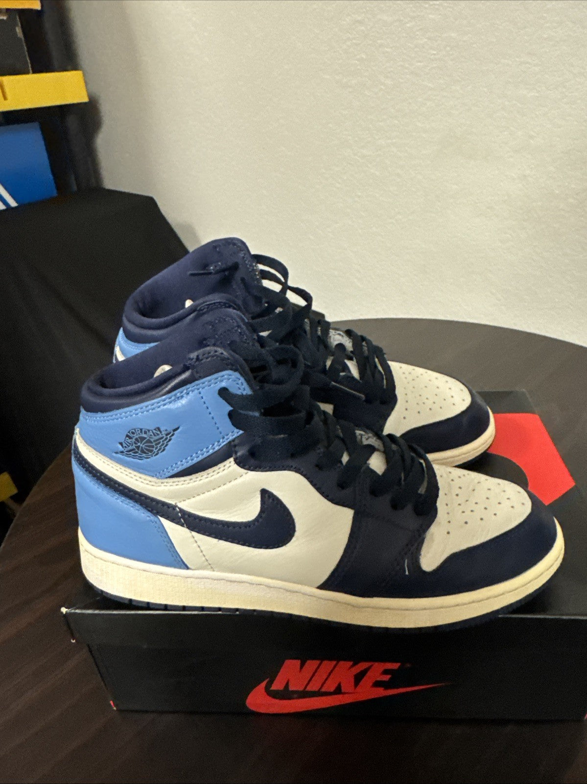 Size 7y - Jordan 1 Retro OG High Obsidian UNC 2019