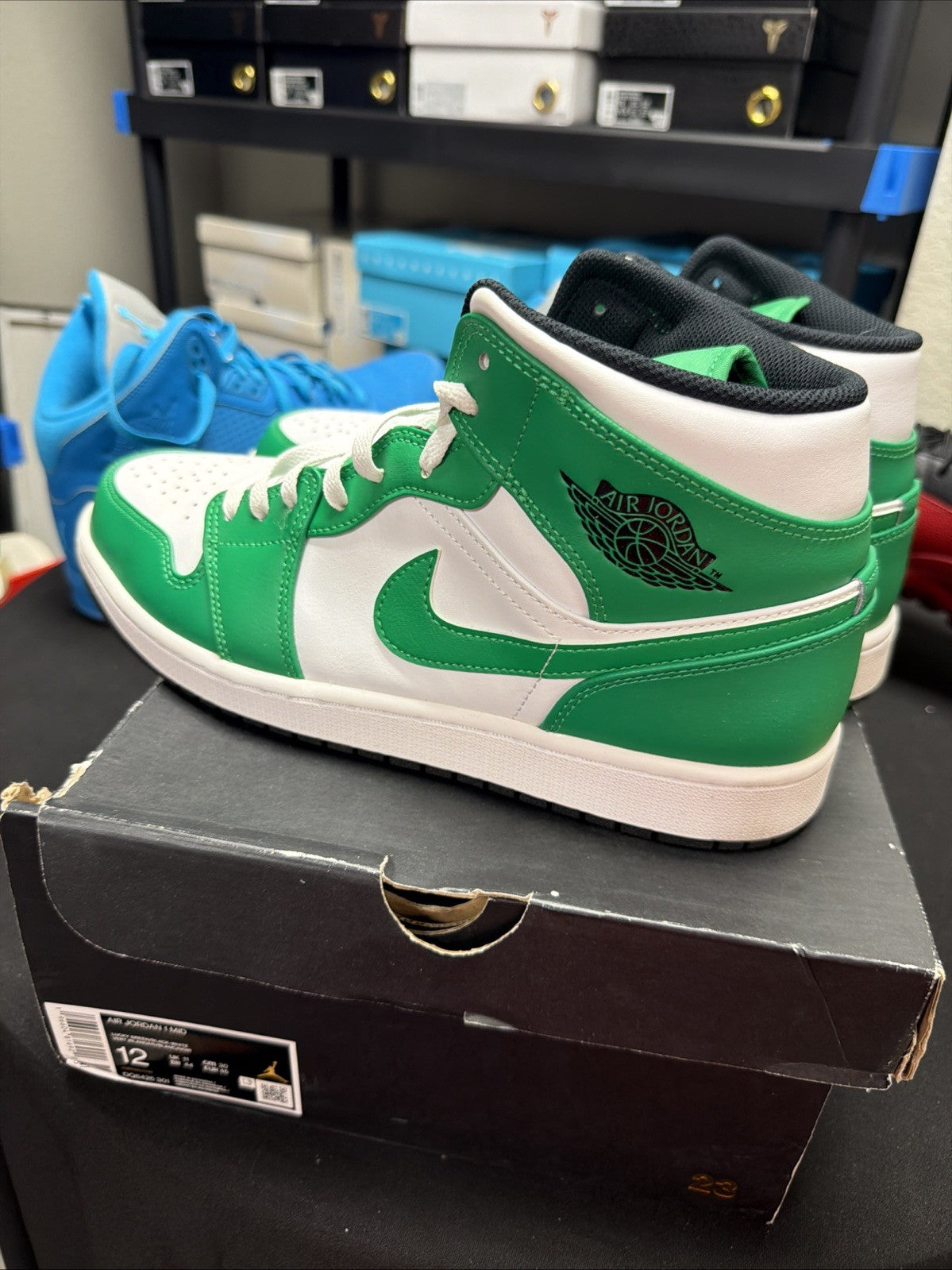 Nike Air Jordan 1 Mid Mens Size 12 Green White Athletic Leather Shoes Sneakers