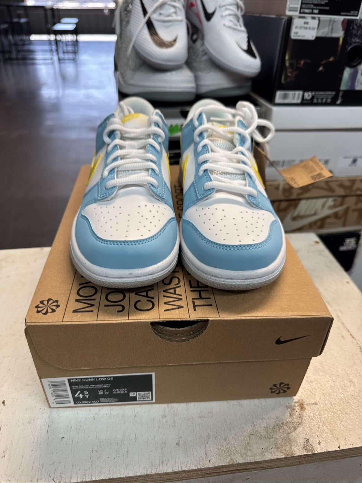 Size 4.5Y - Nike Dunk Low GS Blue Chill Yellow Strike White