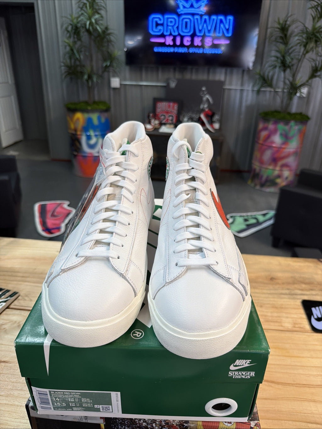 Nike Blazer size 14. White Green Stranger Things Hawkins High School CJ6101-100.