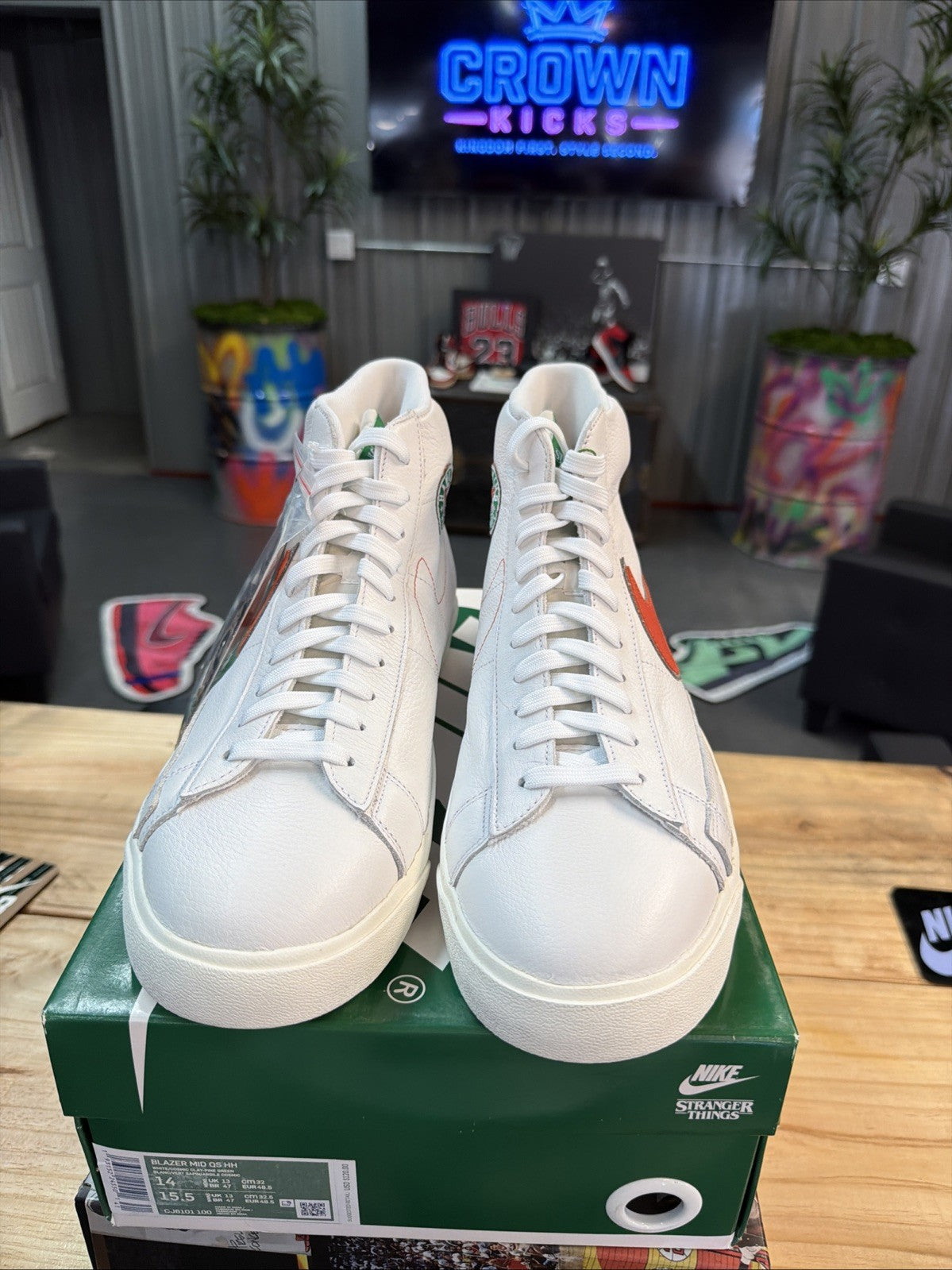 Nike Blazer size 14. White Green Stranger Things Hawkins High School CJ6101-100.