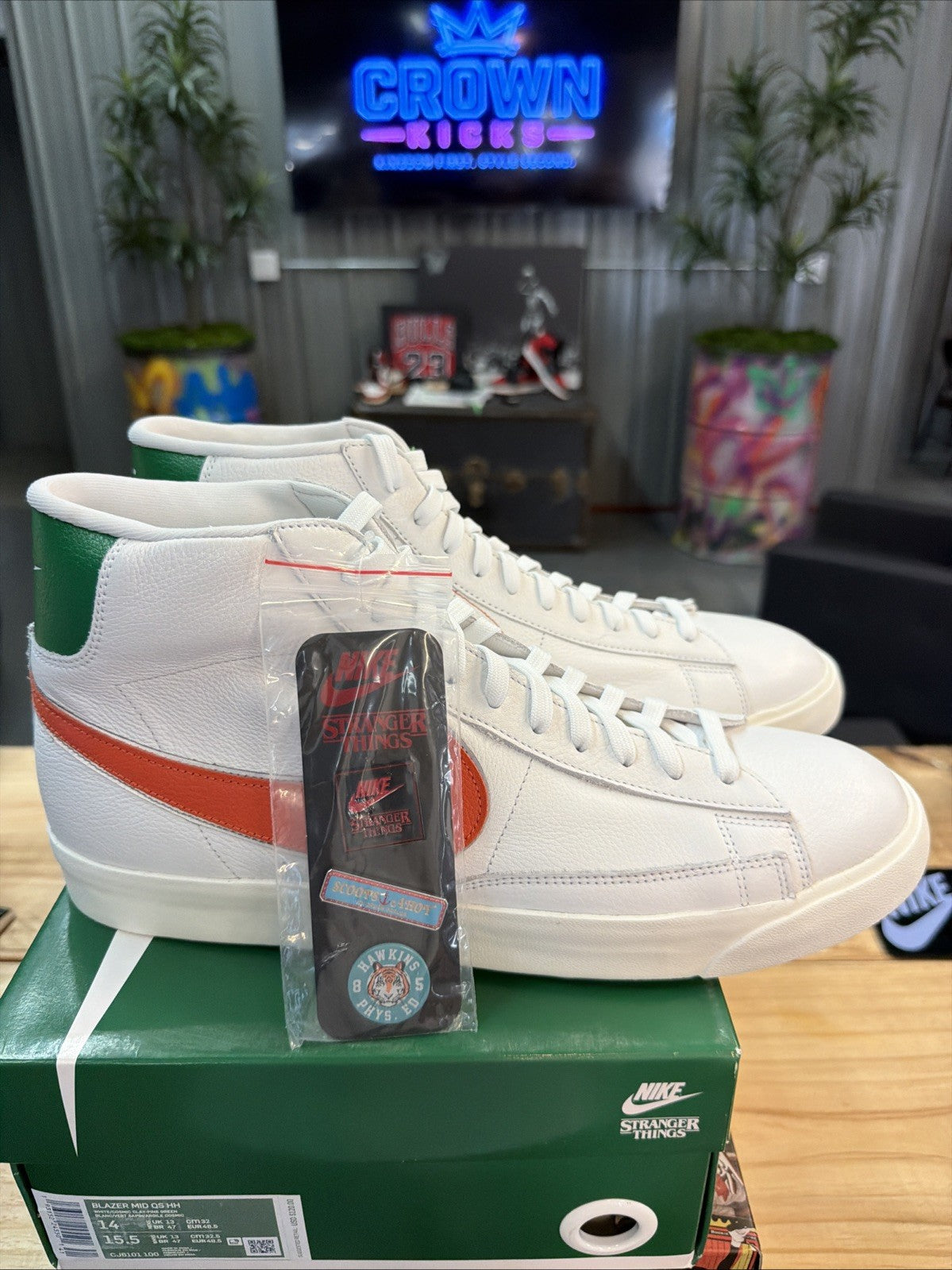 Nike Blazer size 14. White Green Stranger Things Hawkins High School CJ6101-100.