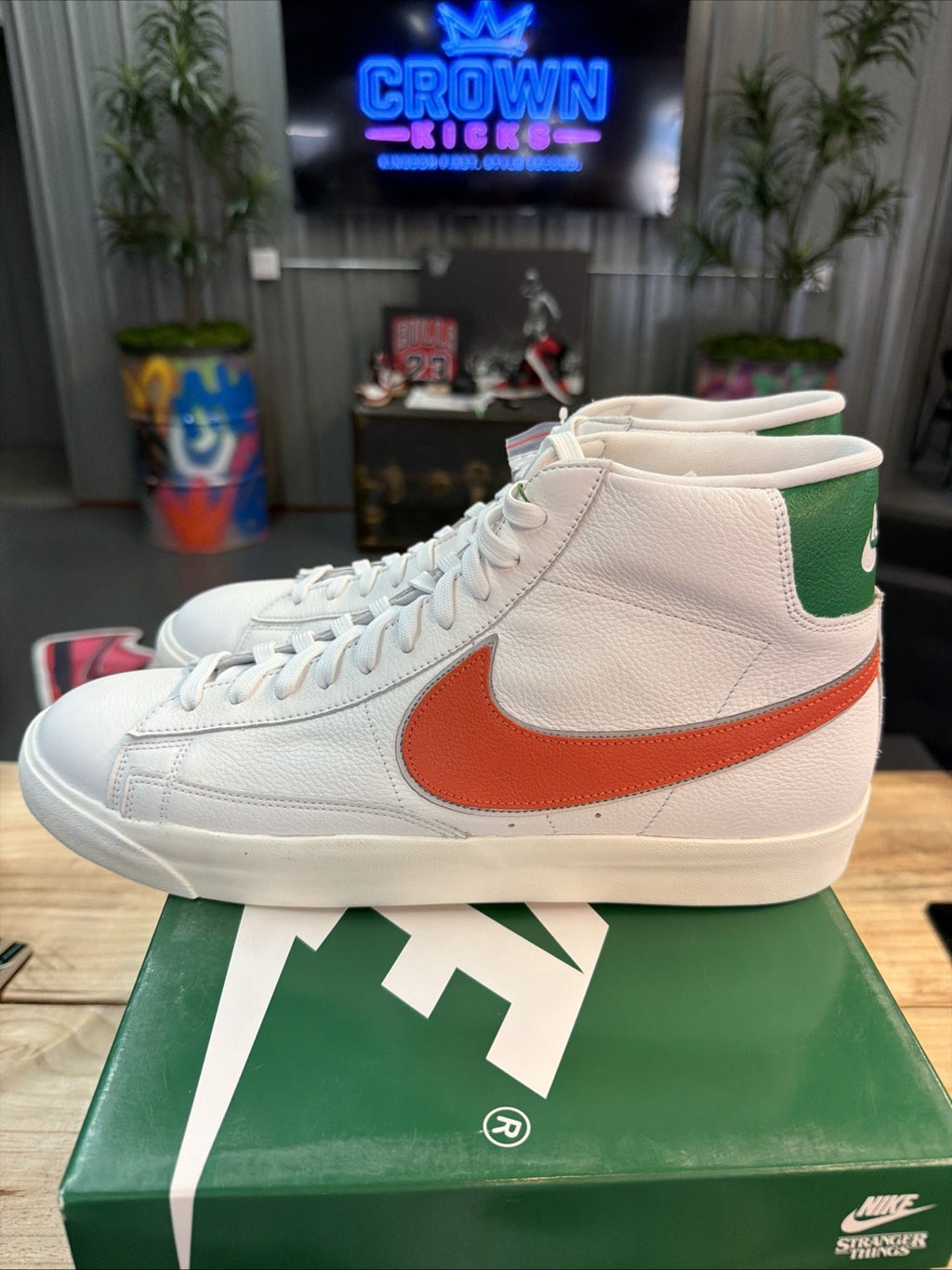 Nike Blazer size 14. White Green Stranger Things Hawkins High School CJ6101-100.