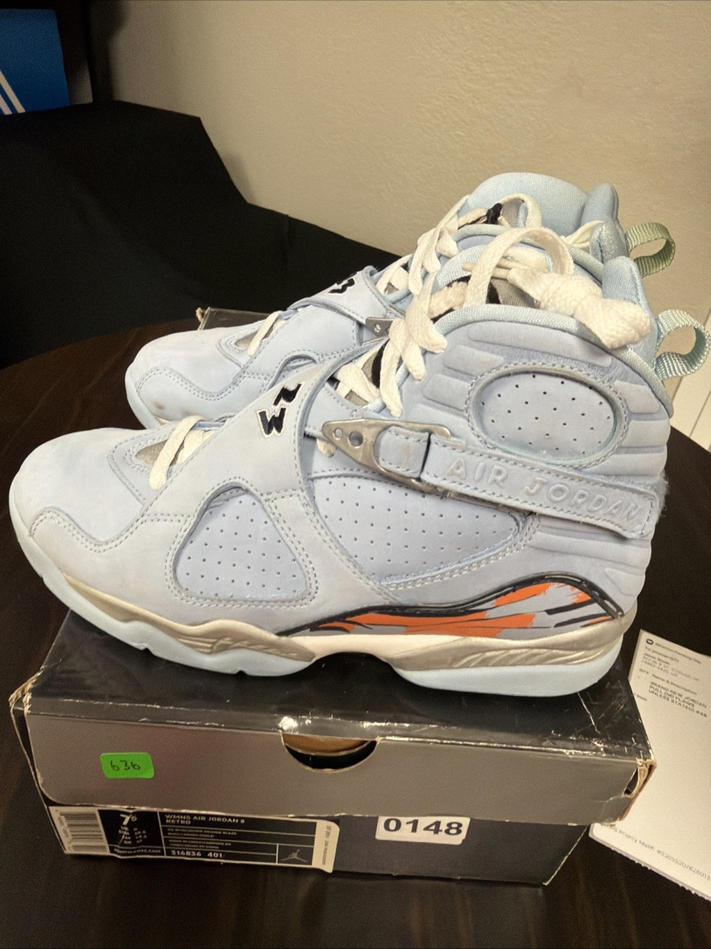 Size 7.5 Women’s - W Air Jordan 8 Retro Ice Blue Silver Orange Blaze 316836-401