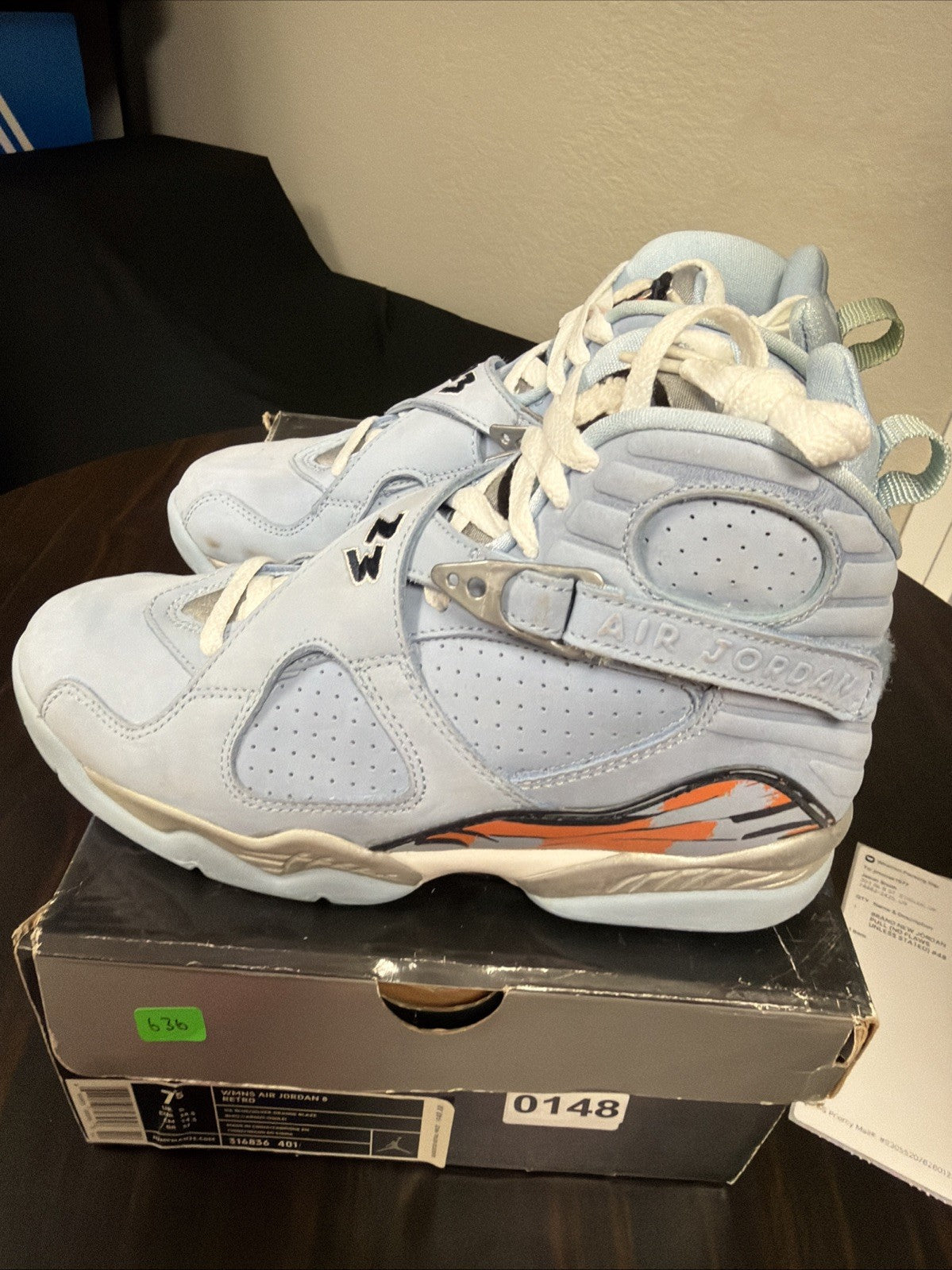 Size 7.5 Women’s - W Air Jordan 8 Retro Ice Blue Silver Orange Blaze 316836-401
