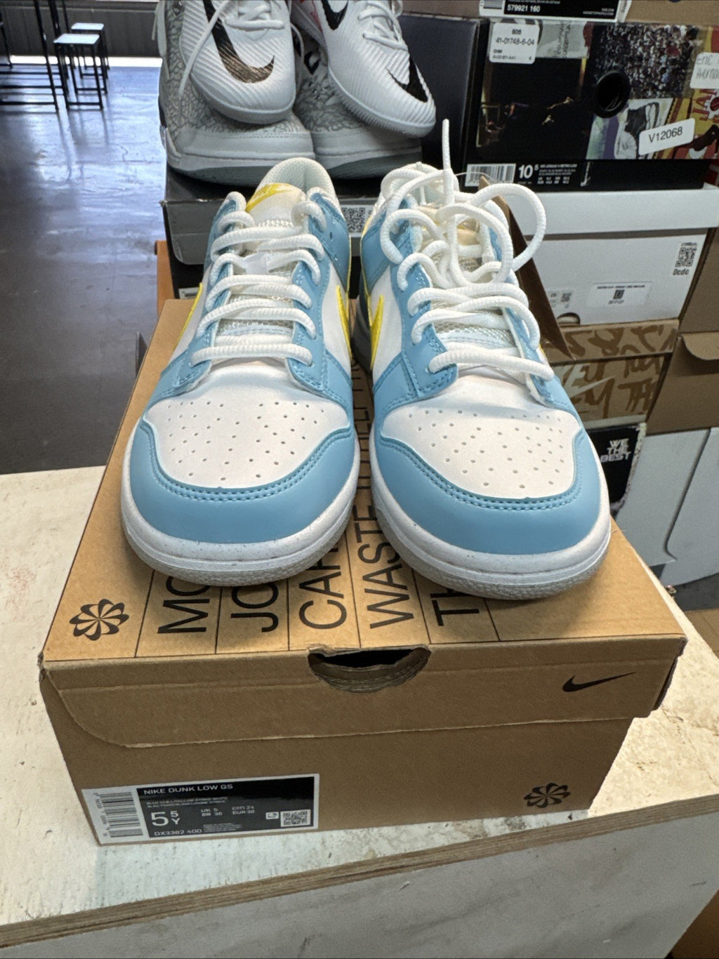 Size 5.5Y - Nike Dunk Low GS Blue Chill Yellow Strike White