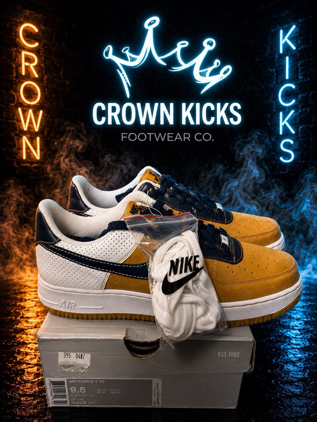 Nike Air Force 1 '07 Low Tan Navy Gum Sole US 9.5 315122-741 Deadstock New