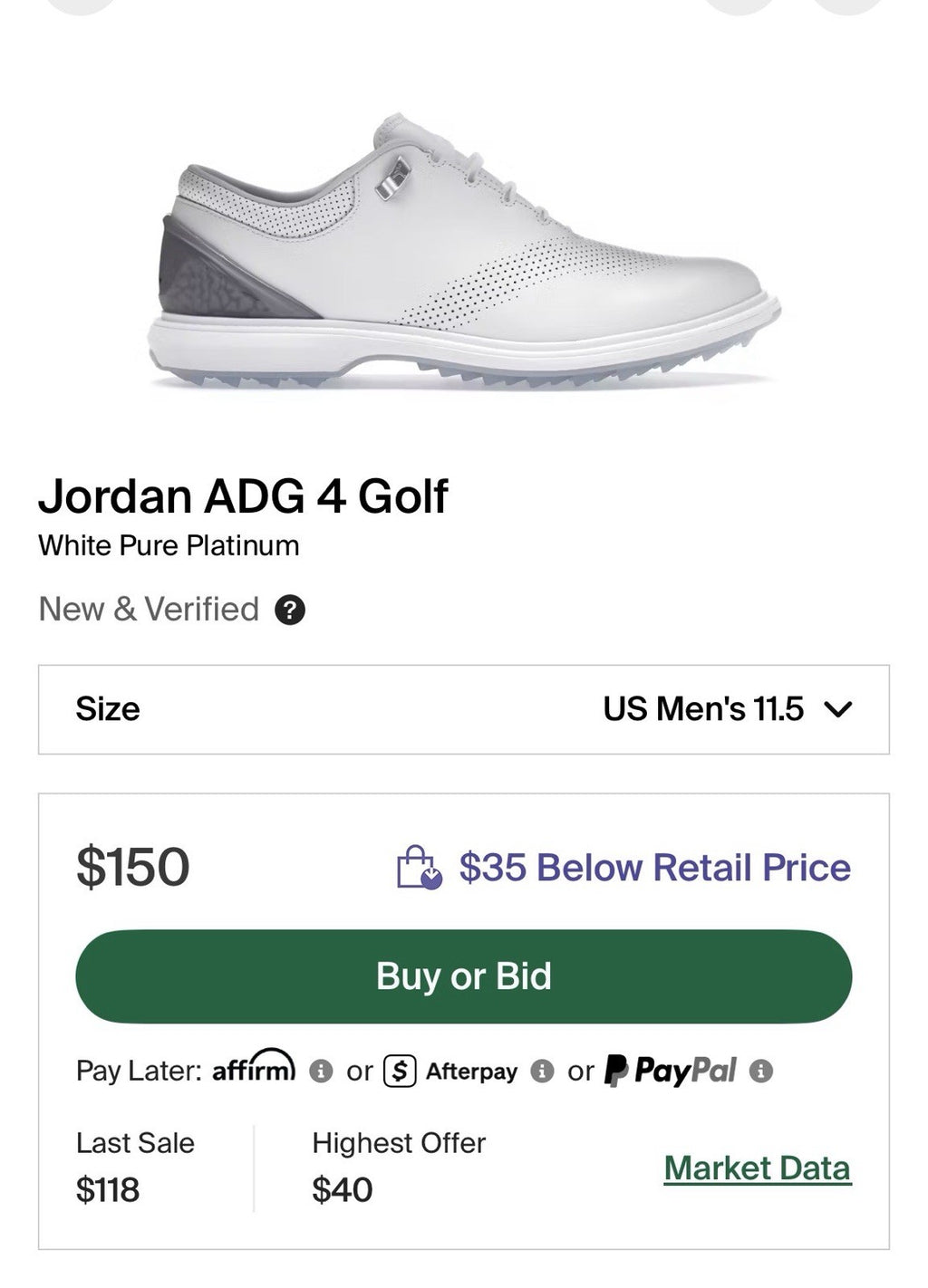 Size 11.5 - Nike Jordan ADG 4 'White Pure Platinum' Golf Shoe | Replacement Box